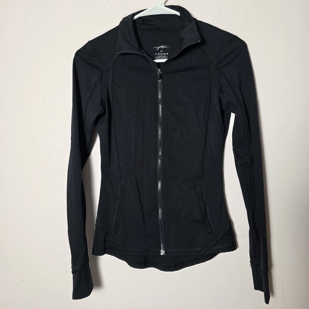 X by Gottex Black Zip Up Athletic Jacket XS Thumbholes Slim Fit Athleisure